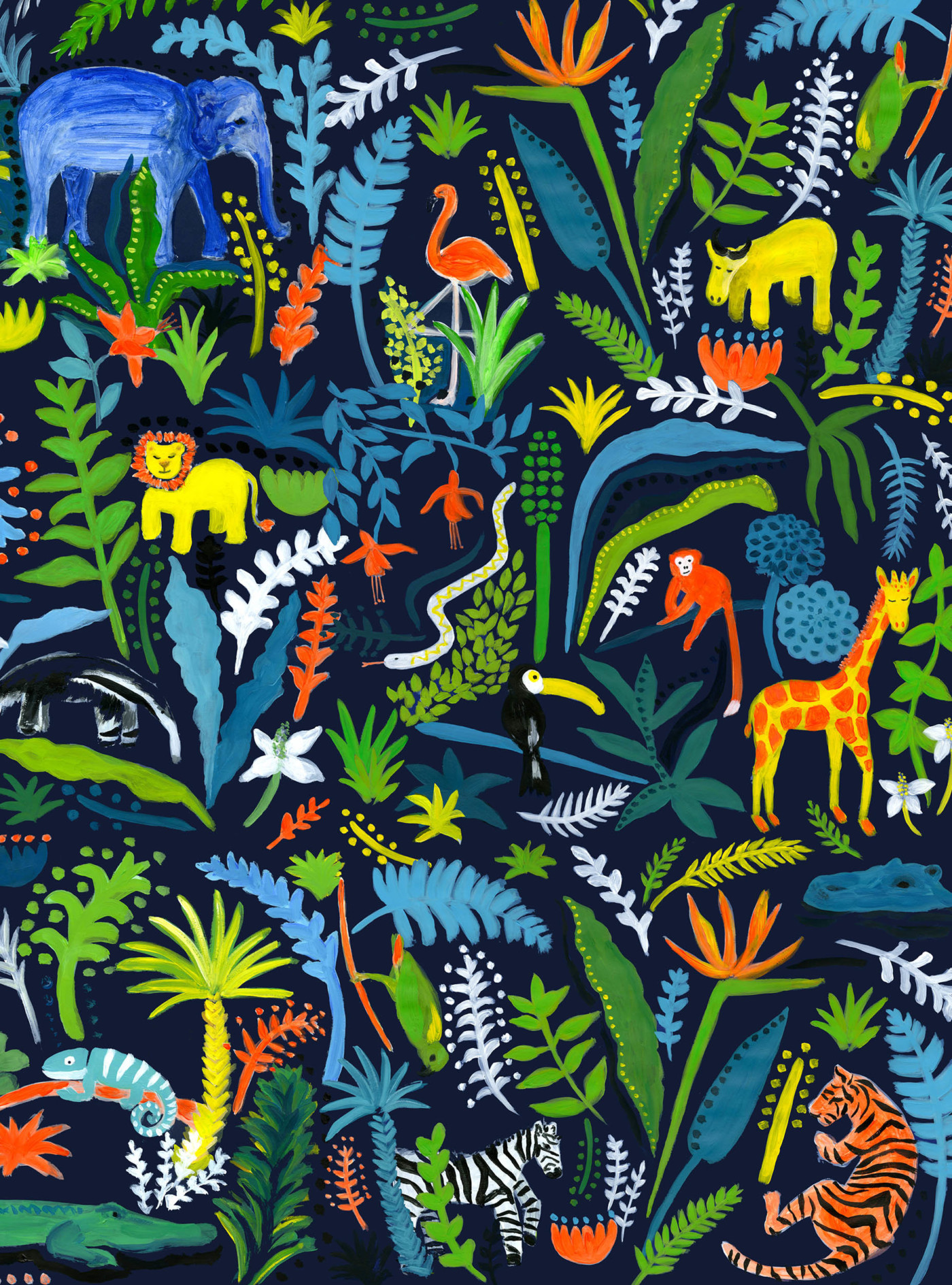 Vibrant graphic image of zoo animals and different shaped leaves