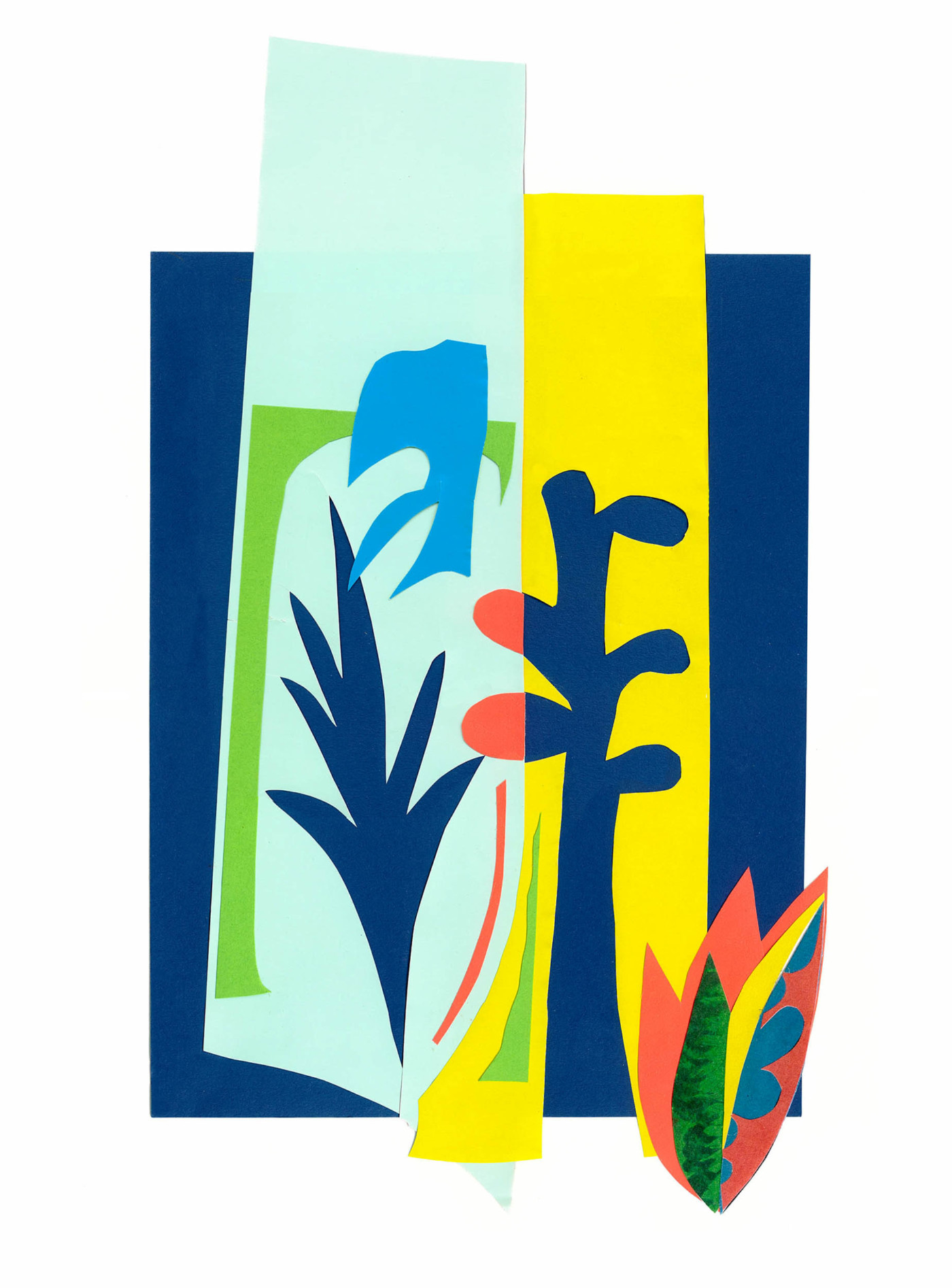 Graphic image of blocks and plant-like shapes using vibrant colours