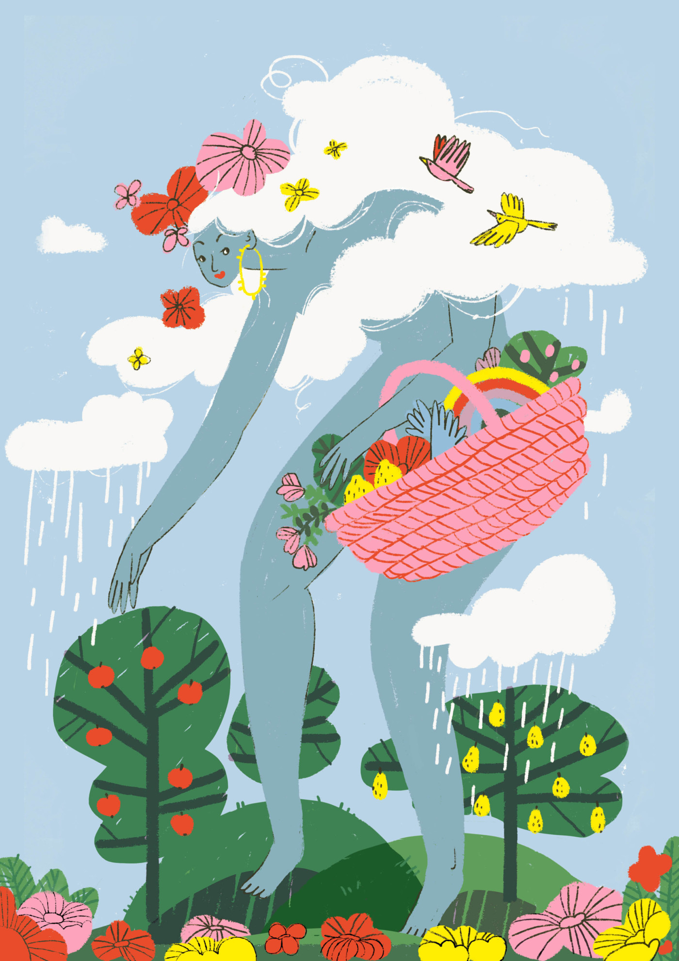 Women made from the sky picking from trees