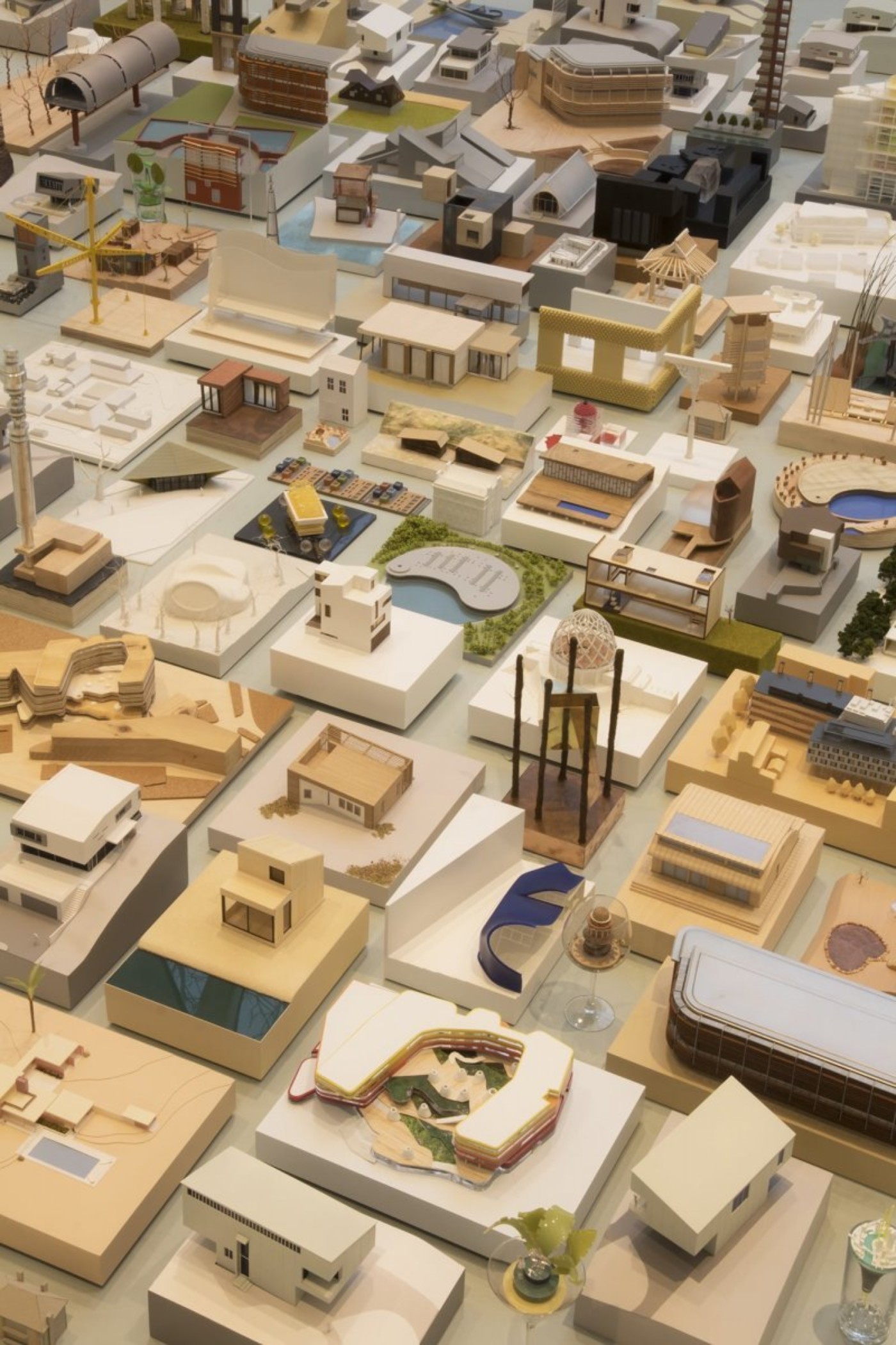 Flat lay of architectural models of buildings