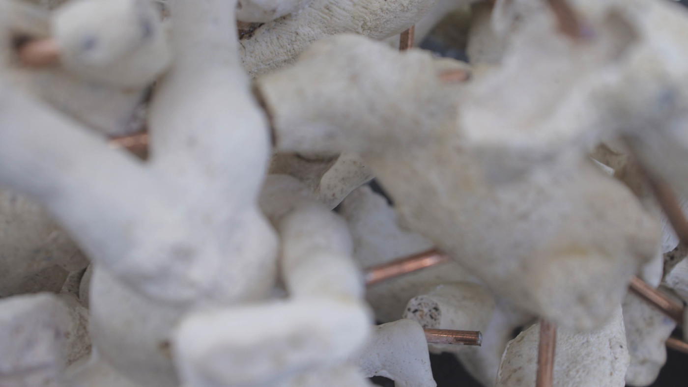Abstract image of copper wires and papier mache objects