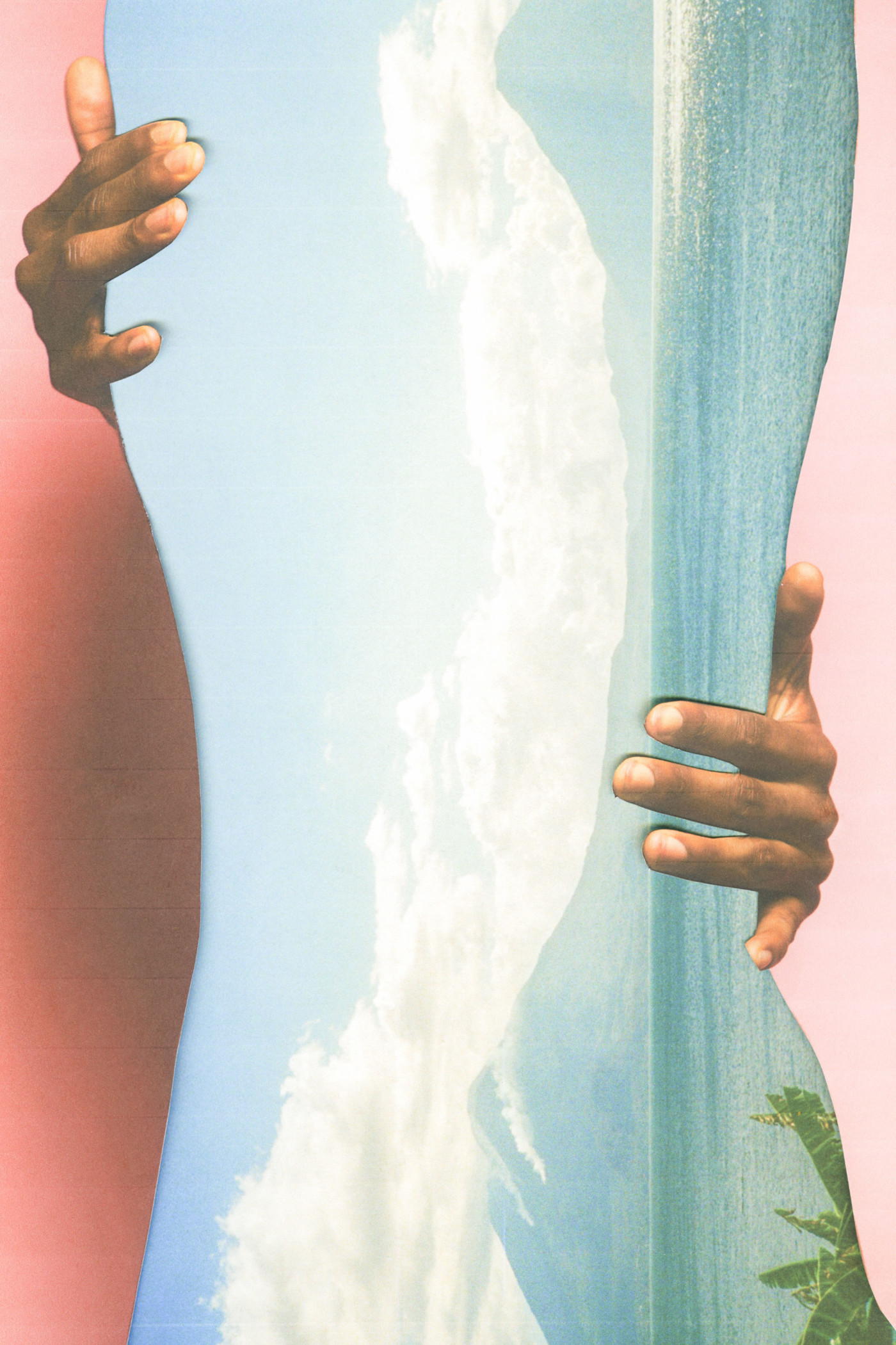 Image of a landscape featuring water and mountains cut out in the shape of a body being held