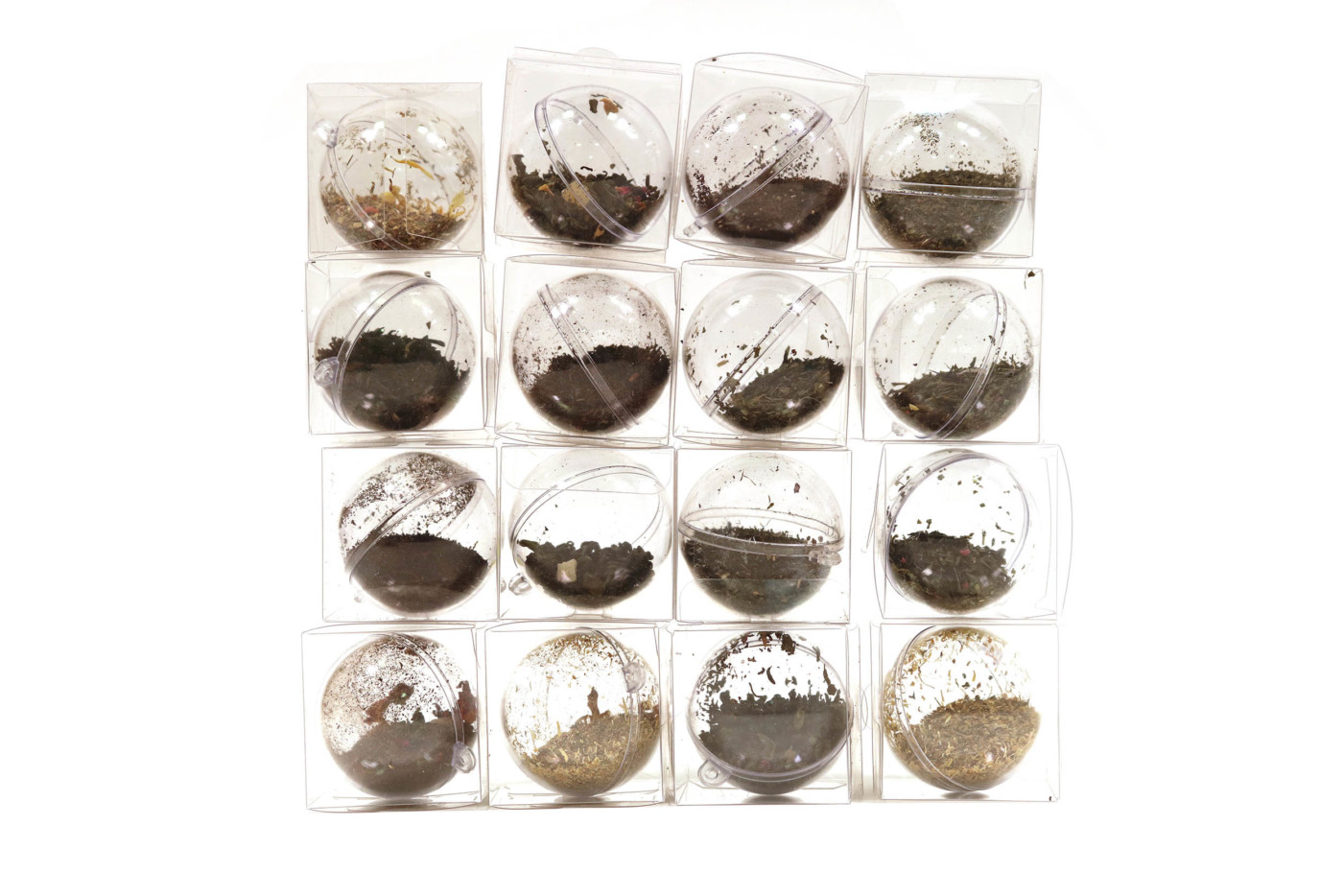 Twelve clear balls filled with different coloured soil