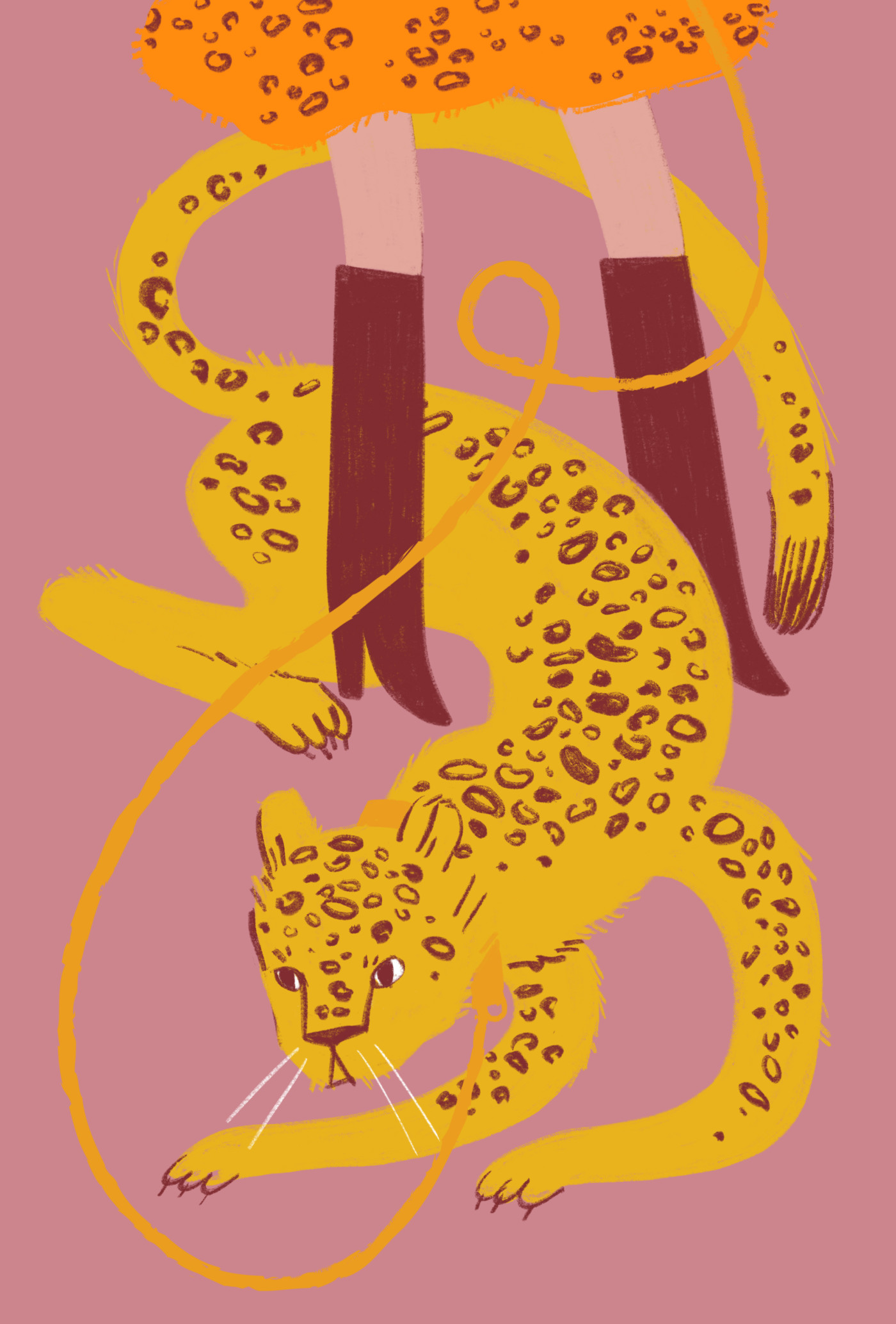 Illustration of a leopard walking in between a women's leg