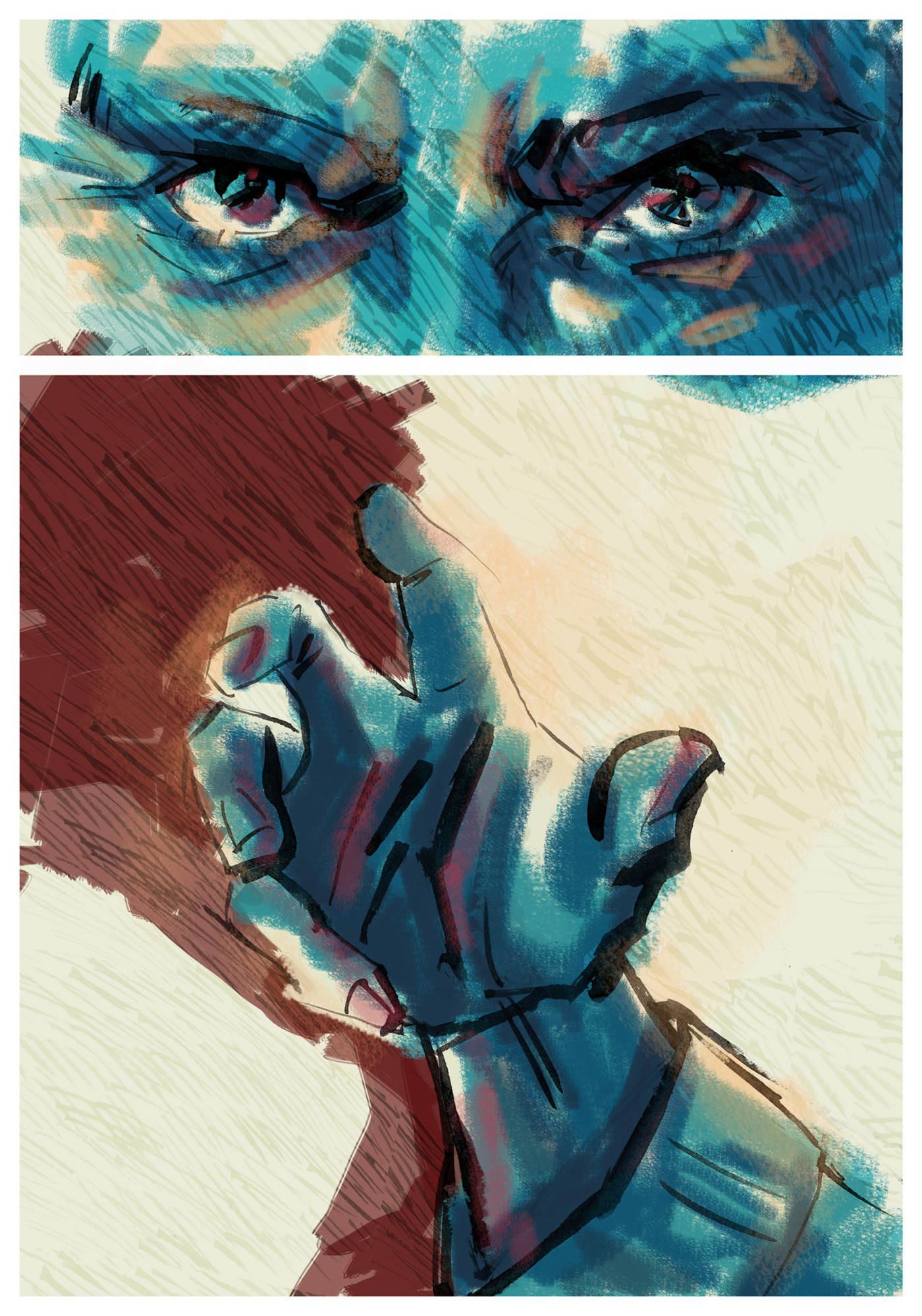 Illustration of eyes and a hand