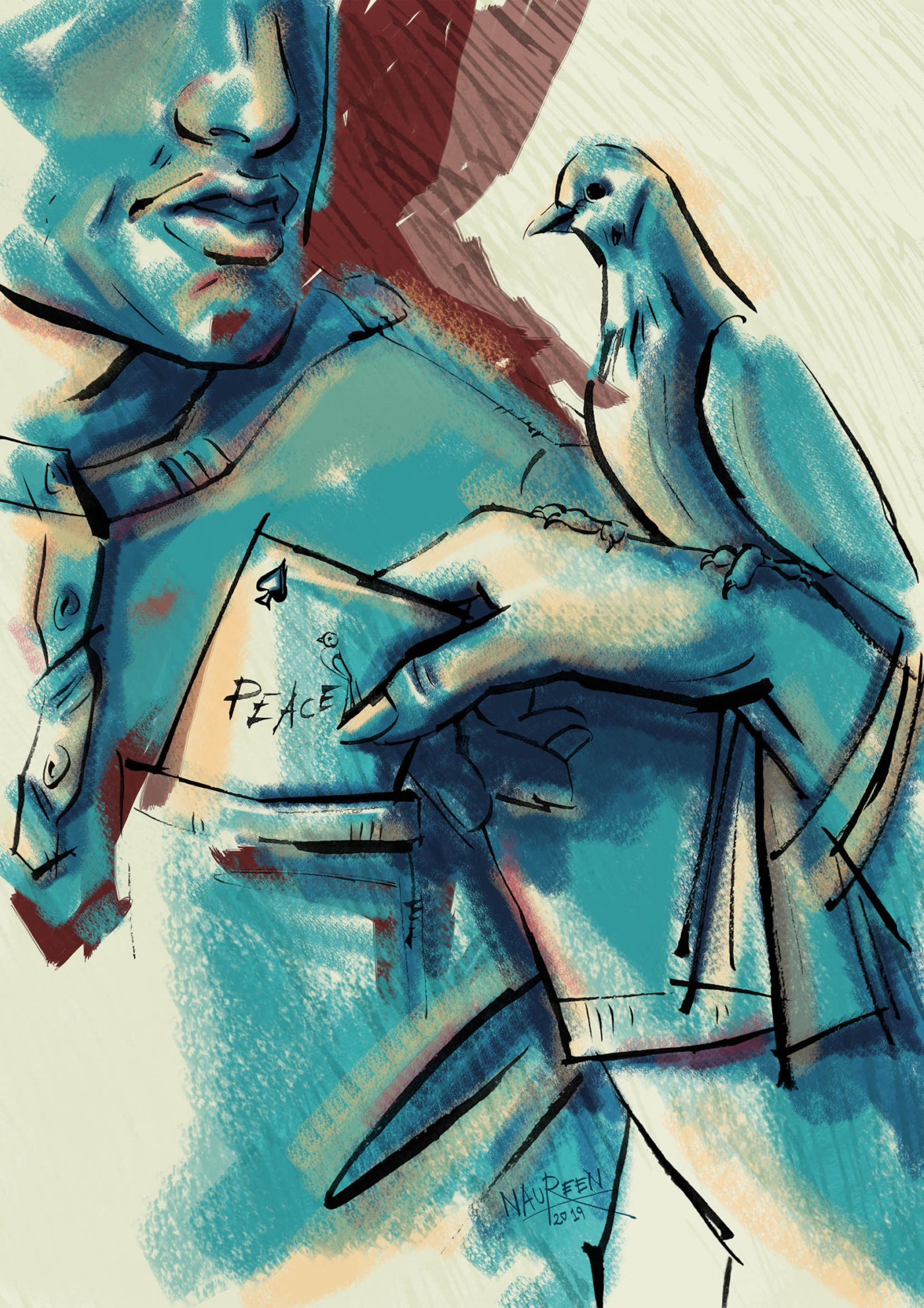 Illustration of a bird on a mans shoulder as someone take a card with the word 'peace' written on it out of his pocket