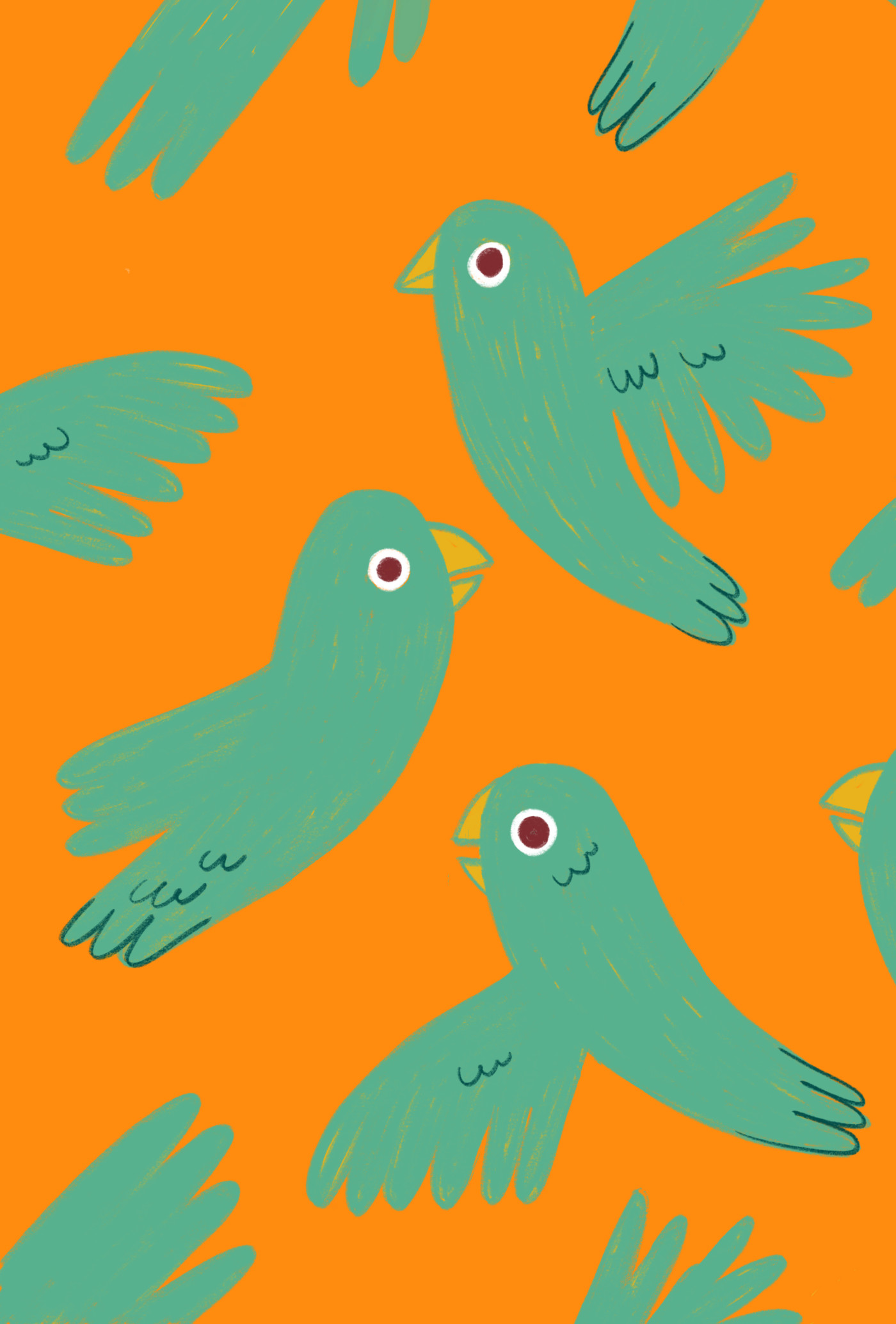 Illustration of green birds on a orange background