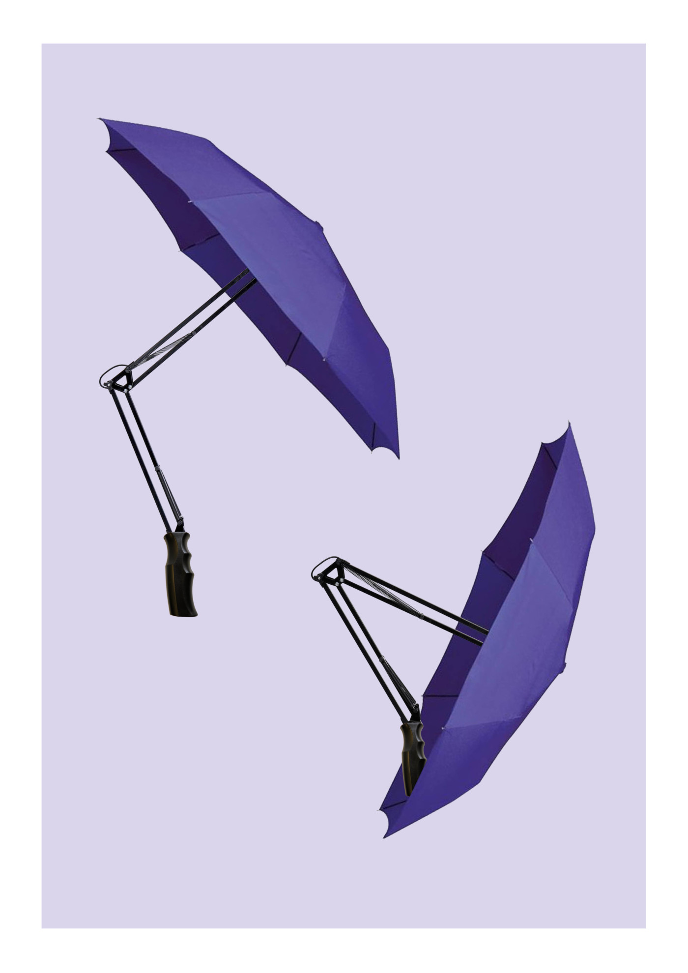 Two angle poise lamps with umbrellas instead of lightbulbs