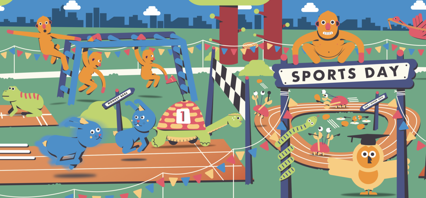 Illustration of animals competing in a sports day