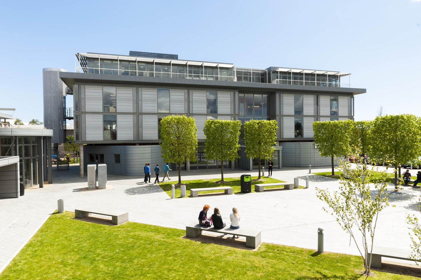 a courtyard with square cut trees and a large grey building