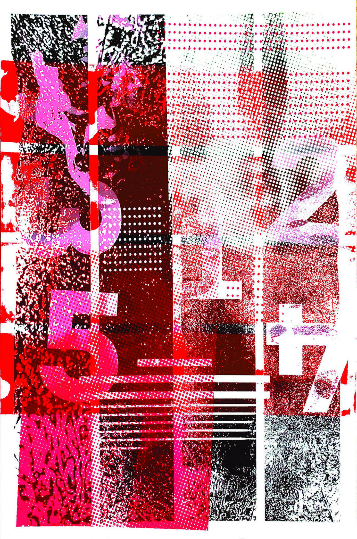 Screen print of black, red and white numbers and shapes