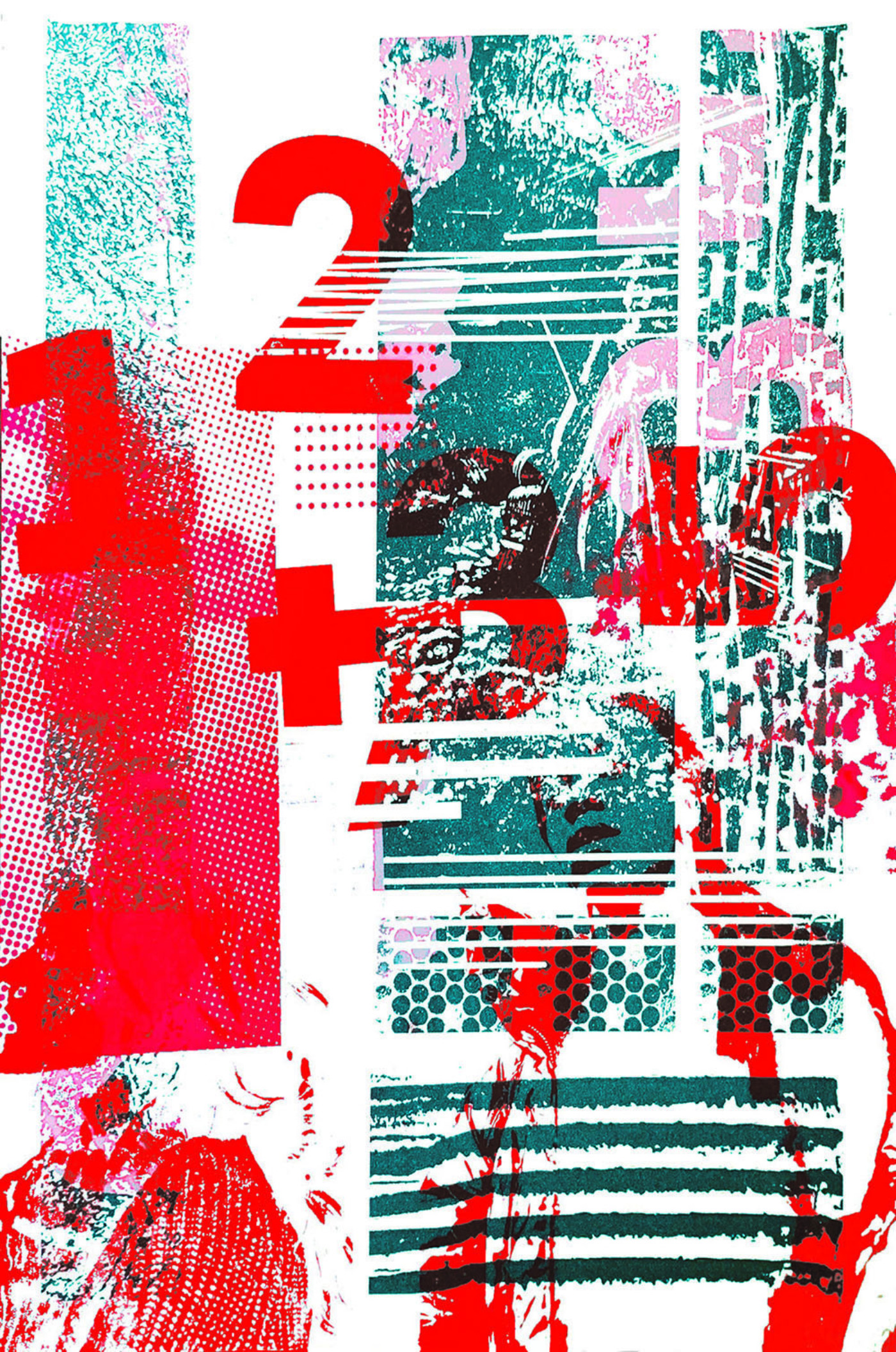Screen print using red and black abstract shapes and numbers