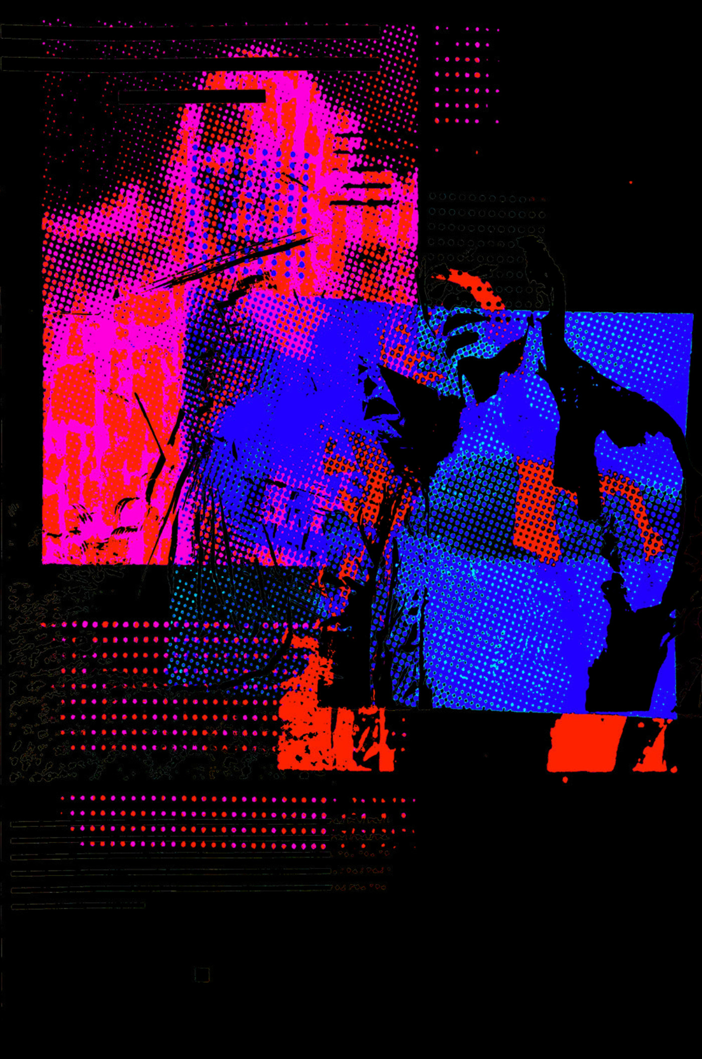 Screen print of abstract red and blue shapes
