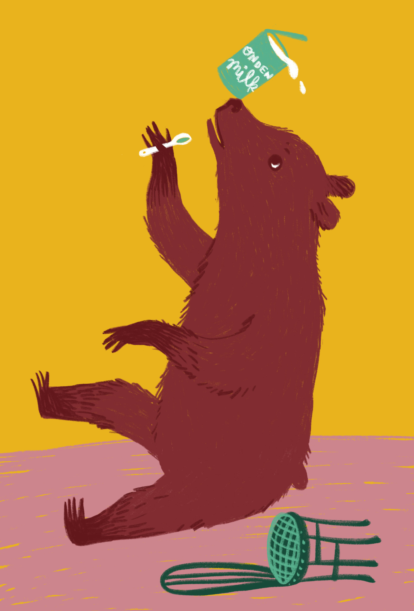 Illustration of a bear balancing a cup of milk on his nose