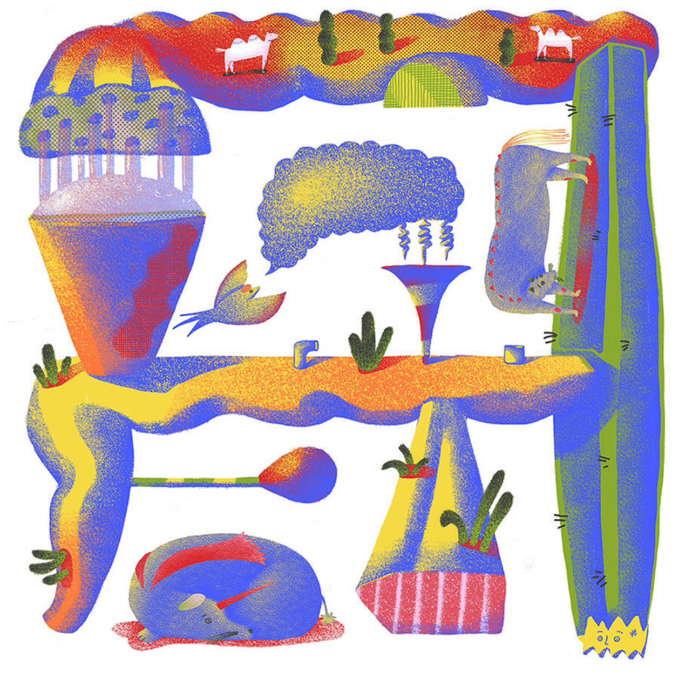 Abstract illustrations of a desert and wildlife