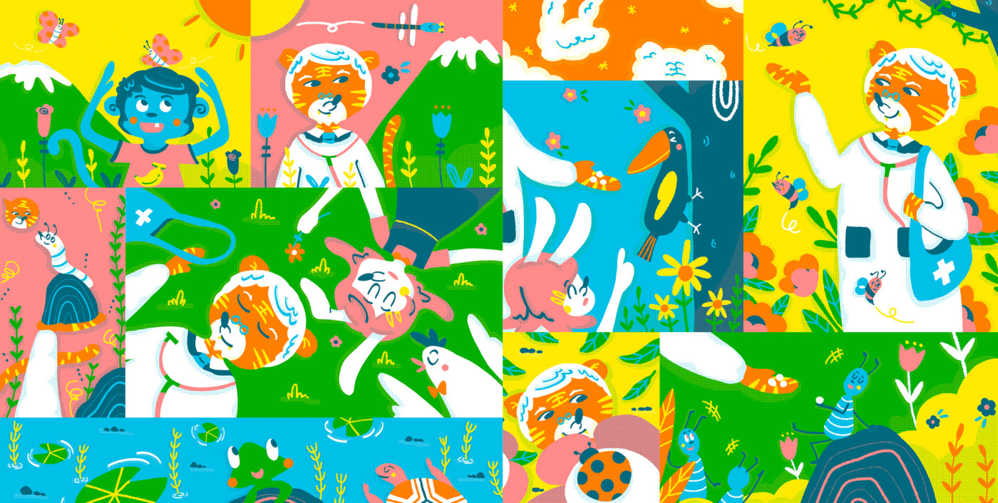 Abstract block illustration of animals playing
