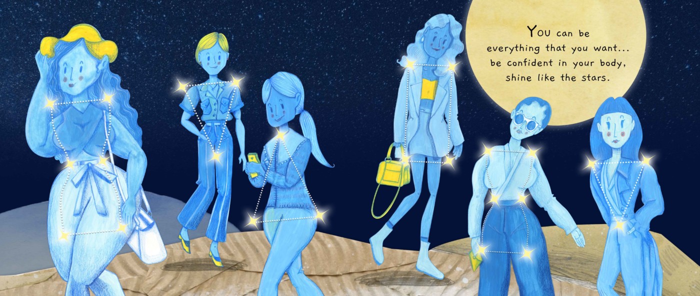 Graphic image of blue women of all different body shapes
