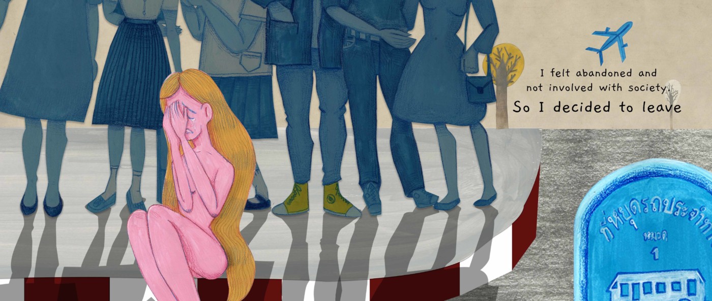 Graphic image of a girl in pink crying as people in blue have their backs to here and a plane in the background