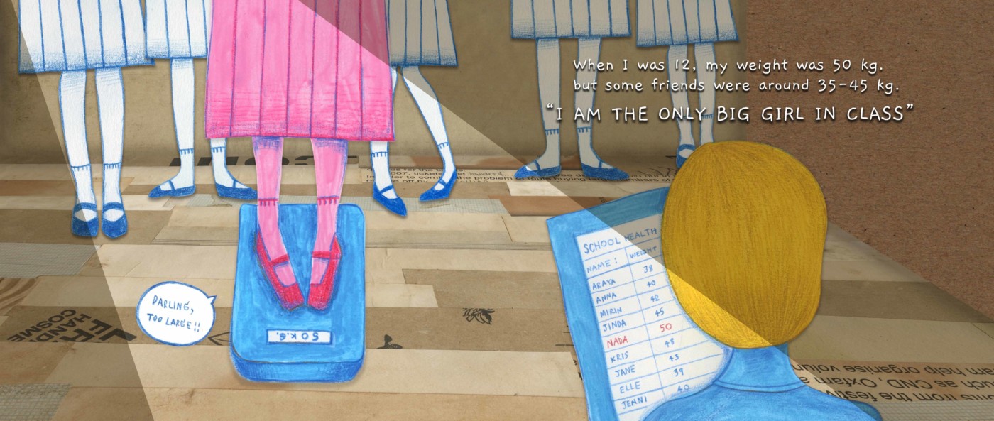 Graphic image of a girl wearing pink standing on a scale featuring 5 other girls in the background in white