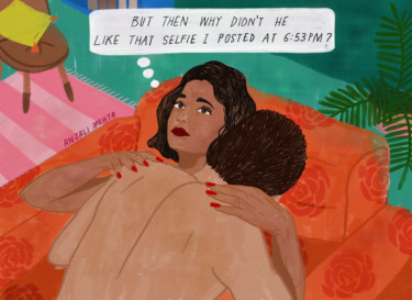 Graphic image of a women wondering why her partner did not like the selfie she posted