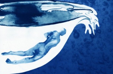 Blue and white illustration of a person in a bowl of water