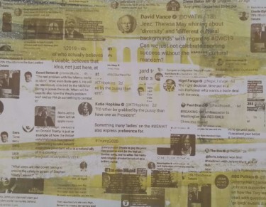 Multiple political tweets stitched together with a yellow print on top