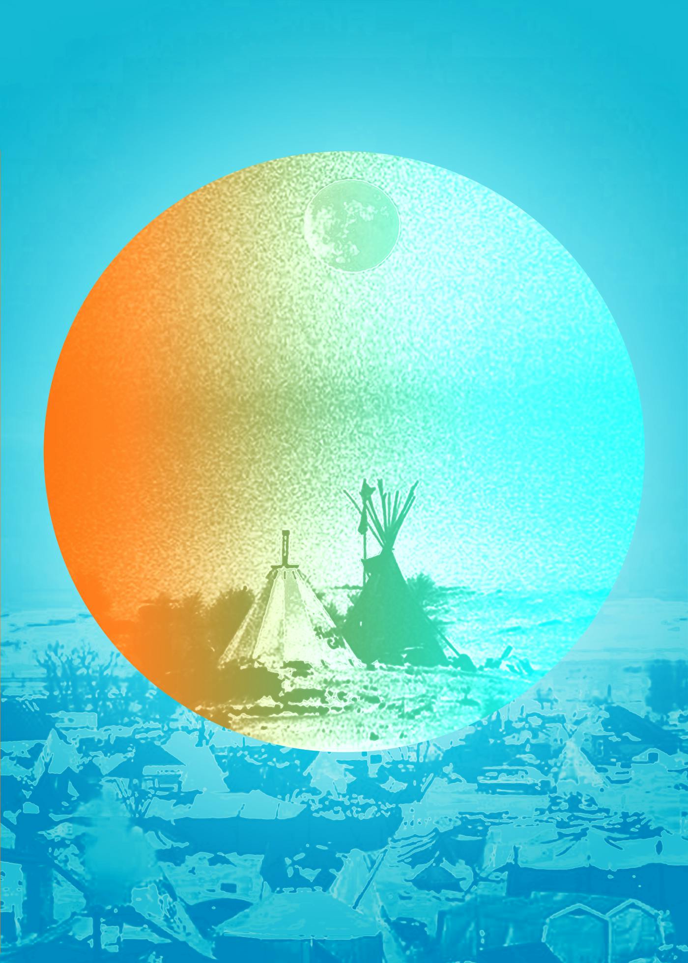 Image of a tents on a field with a blue wash over it. On top is a orange and teal circle.