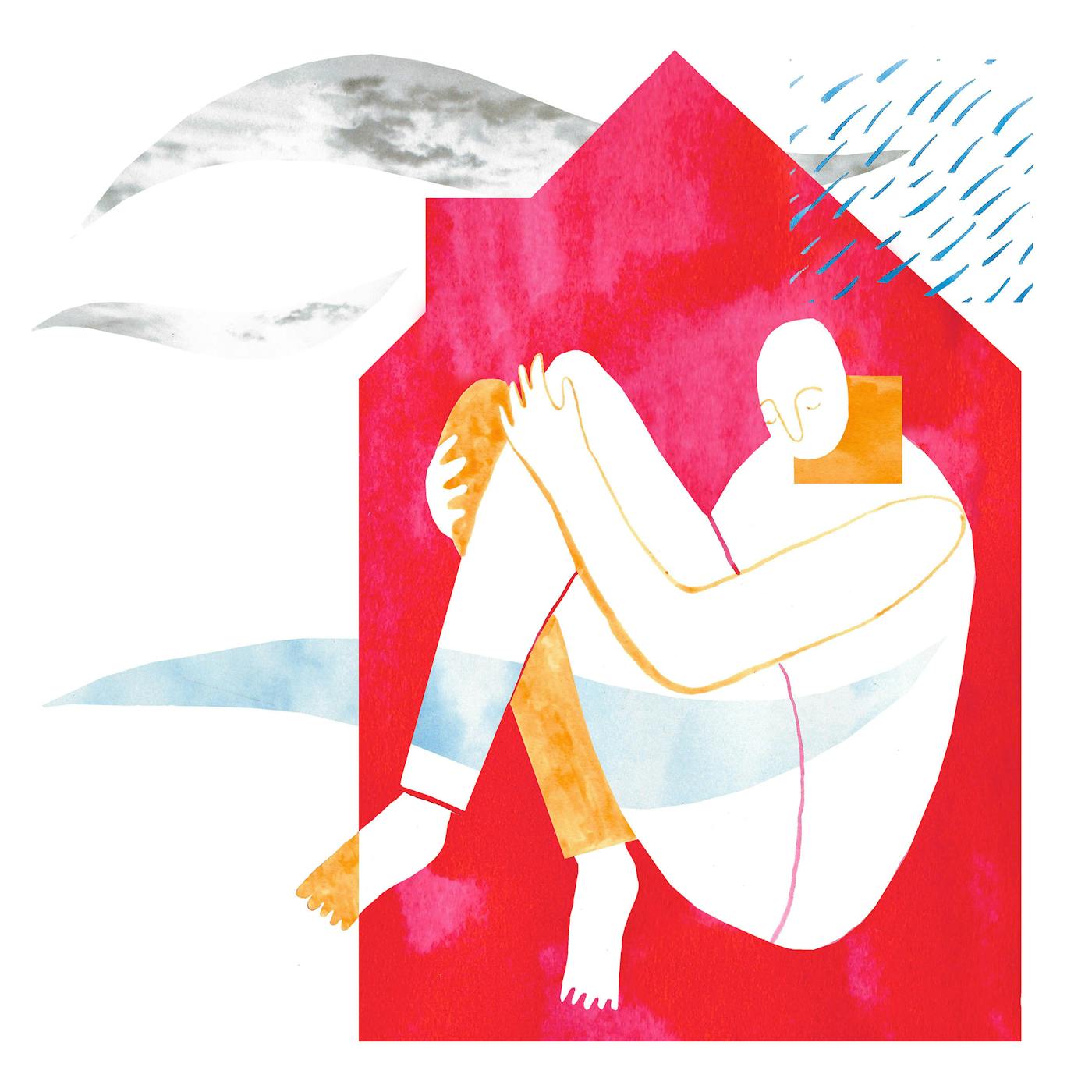 Abstract artwork of a large body in a small red house