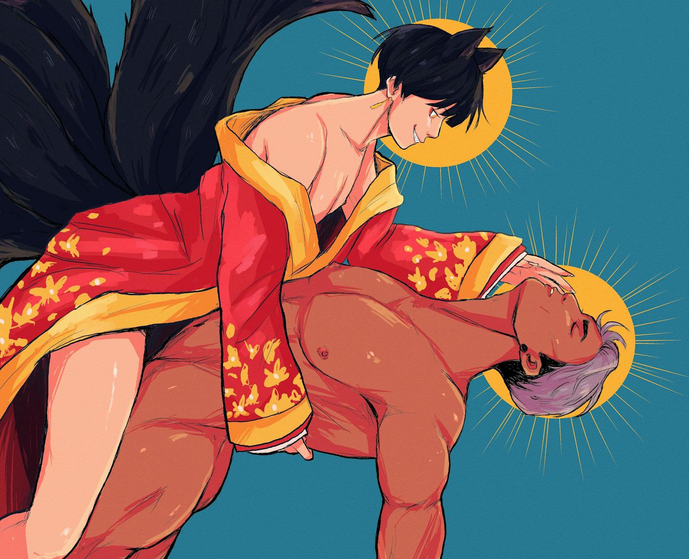 Illustration of two people representing the sun and the moon