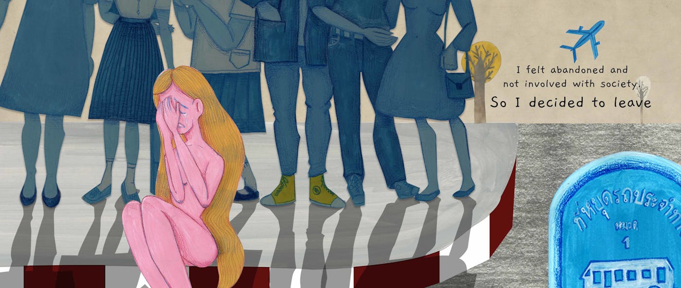 Graphic image of a girl in pink crying as people in blue have their backs to here and a plane in the background