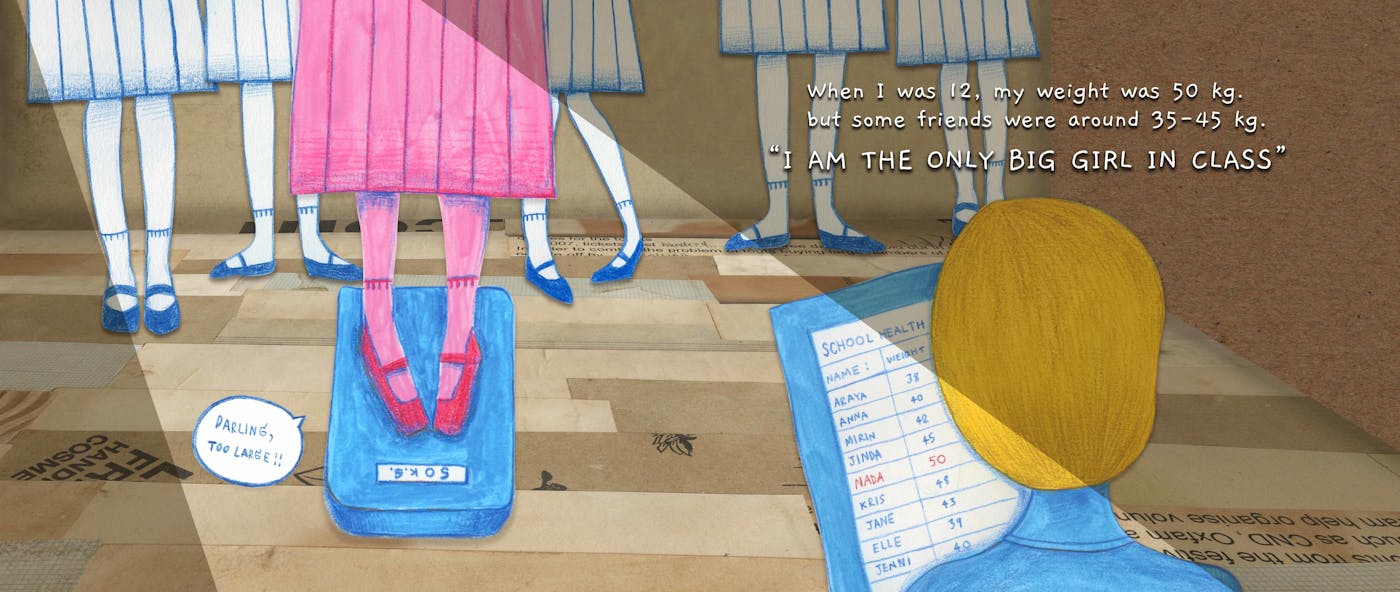 Graphic image of a girl wearing pink standing on a scale featuring 5 other girls in the background in white