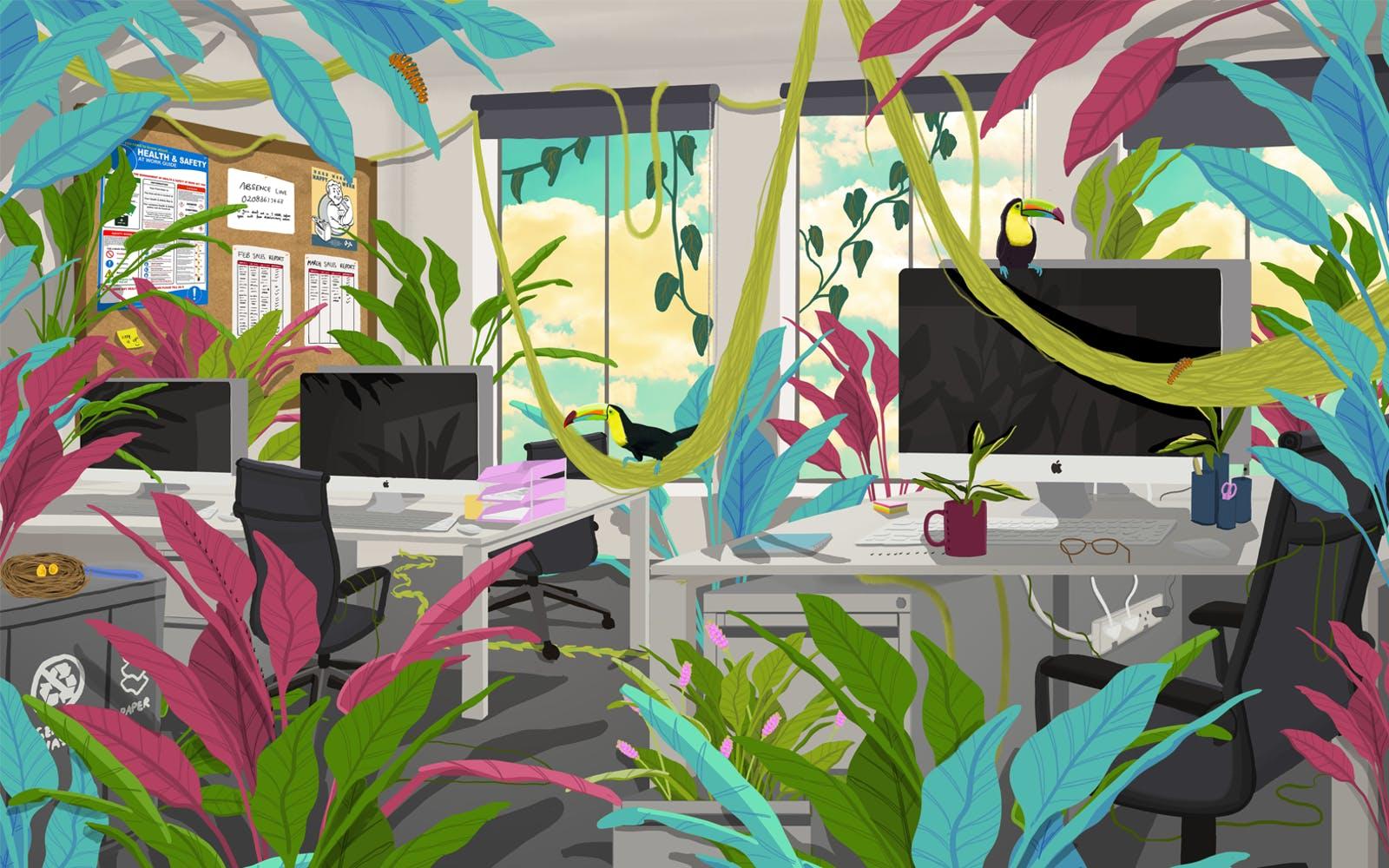 Illustration of an office with overgrown plants and animals